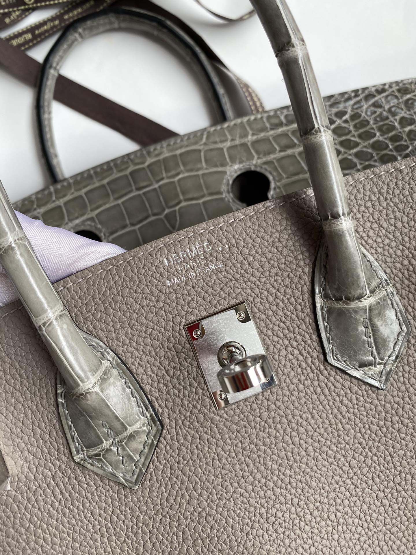 Hermes Touch Birkin 25CM Bag In Gris Asphalte Togo and Shiny Niloticus Crocodile Skin